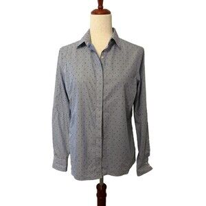 Lands End Women’s 8 Blue White Stripe Dot No Iron Supima Long Sleeve Button Up